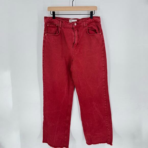 Zara High Rise Wide Leg Red Denim Jeans Raw Hem USA 12 Statement Street Style - Picture 1 of 5